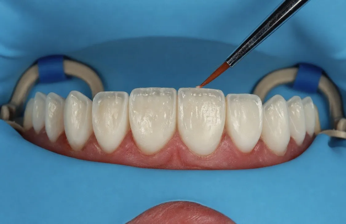 Composite being layered by hand onto a front tooth with a fine brush, with the teeth isolated to keep them dry