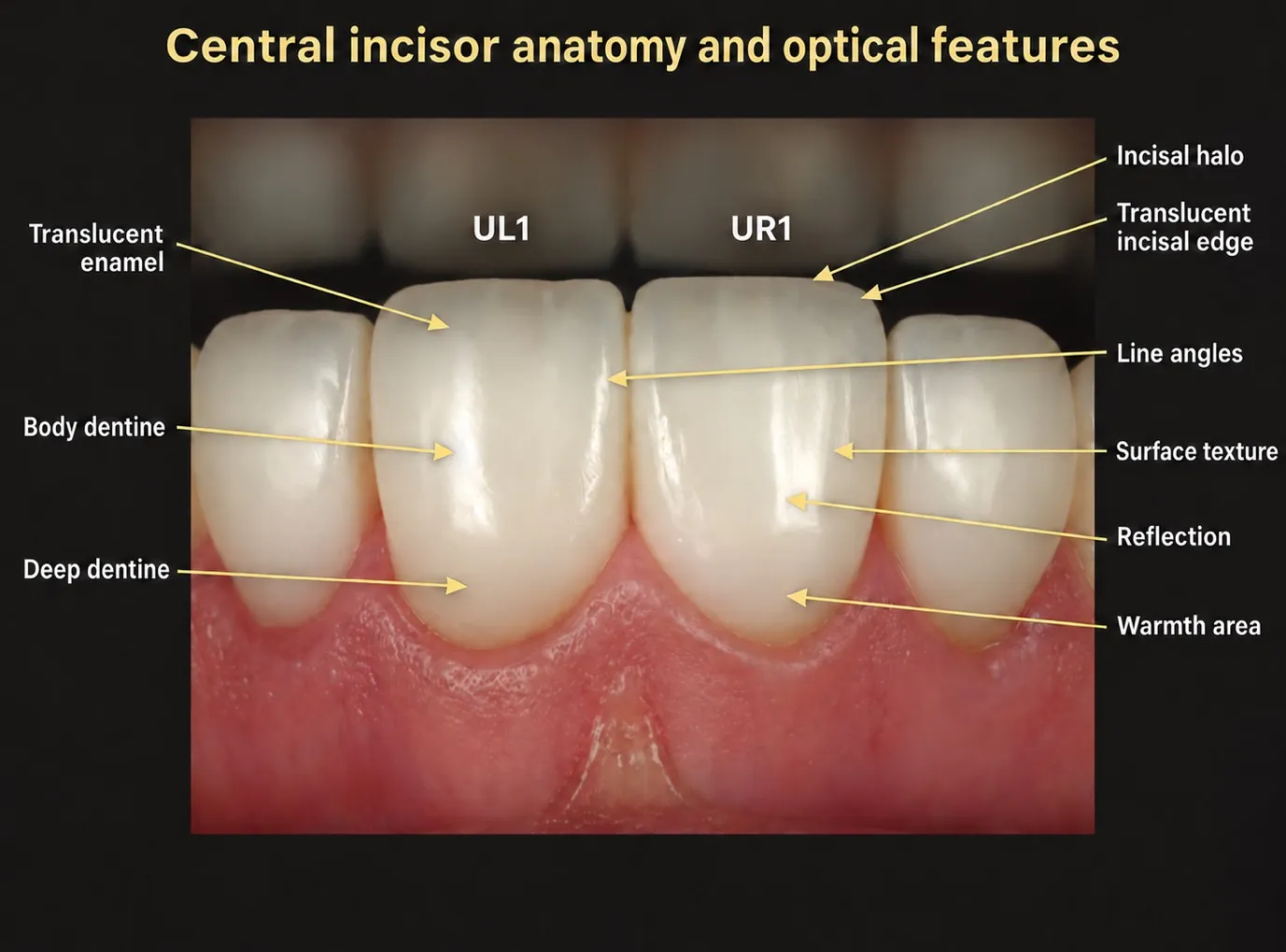 Diagram of a natural front tooth showing translucent enamel, body and deep dentine, the translucent incisal edge and halo, line angles, surface texture, reflection and the warmth area
